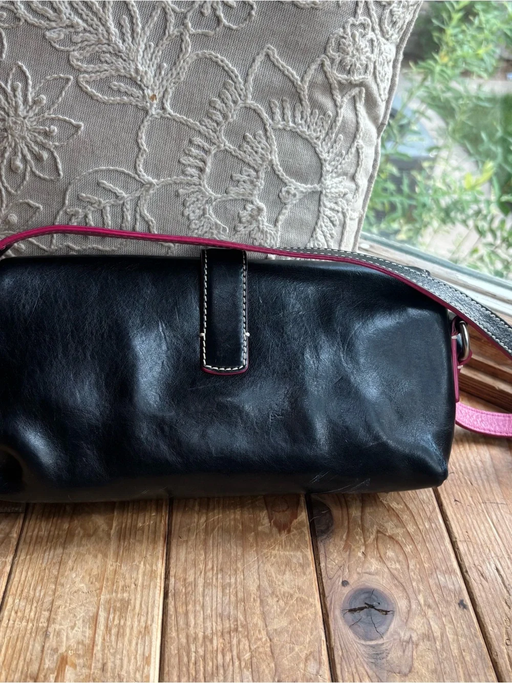 Dooney & Bourke Black Leather Shoulderbag with Silver Heart Enamel Buckle